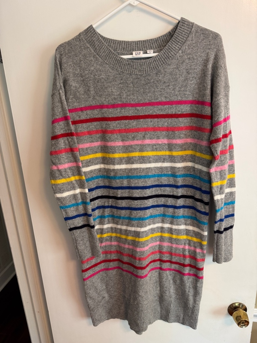 GAP Gray Midi Sweater Dress with Multicolor Stripes